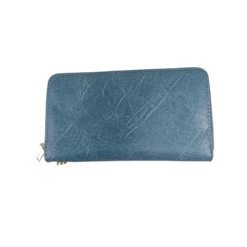 Long Zip Continental Organizer Wallet Blue Vegan Leather Minimalist Quiet Luxury